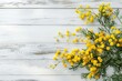 Mimosa flowers with copyspace for text on wooden table