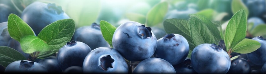 Wall Mural - The image shows a close-up of blueberries with green leaves against a natural background. . The background is a mixture of blues and greens with a hint of yellow in the sunlight. The overall compositi