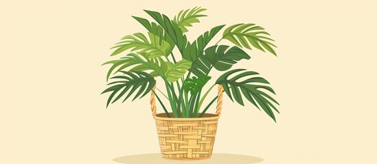 Poster - A palm tree, a type of woody plant, is elegantly displayed in a wicker basket on a white background. This houseplant adds a touch of art to any space