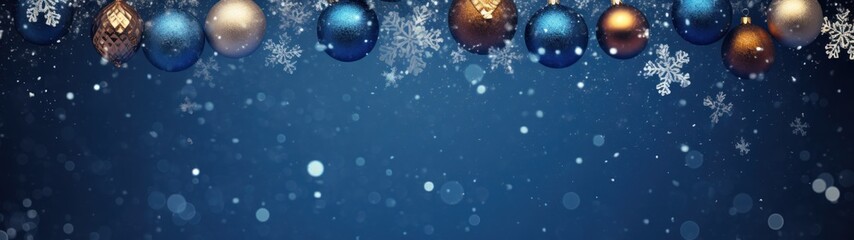 Wall Mural - A blue background with Christmas decorations, including baubles and snowflakes, and a row of golden and blue baubles at the top.