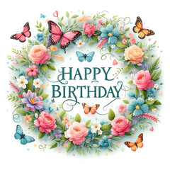 Wall Mural - Happy Birthday Sign with flower wreath and butterflies on white background