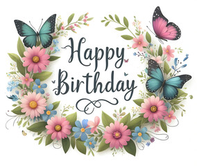 Wall Mural - Happy Birthday Sign with flower wreath and butterflies on white background