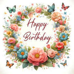 Wall Mural - Happy Birthday Sign with flower wreath and butterflies on white background
