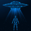 UFO with luminous rays above a person. Polygonal design of lines and dots. Blue background.