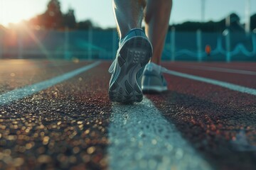 Wall Mural - Male feet running in sport shoes on stadium