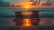 a couple of wooden chairs sitting on top of a beach next to the ocean with a sunset in the background.