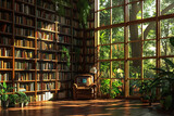 Fototapeta  - A sunlit reading nook equipped with an AI-driven book recommendation system, featuring floor-to-ceiling bookshelves and a comfortable reading chair.
