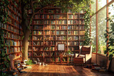 Fototapeta  - A sunlit reading nook equipped with an AI-driven book recommendation system, featuring floor-to-ceiling bookshelves and a comfortable reading chair.