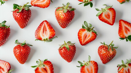 Wall Mural - pattern of strawberries on white background. flat lay. top view