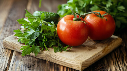 Wall Mural - fresh ripe tomato on wooden background. healthy food