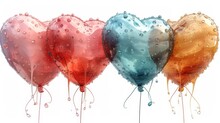 A Group Of Heart Shaped Balloons Floating In The Air With Drops Of Water On Them, All Of Which Are Red, Orange, Blue, And Green.