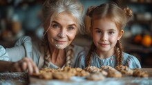 An Older Woman And A Young Girl Standing In Front Of A Table With Cookies And Doughnuts On It.