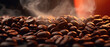 Roasted coffee beans emanate a fragrant aroma, with wisps of steam rising against a dark, moody background.	

