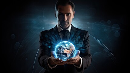 Fototapete - businessman holding a virtual globe of Earth holographically, symbolizing global business awareness and connectivity, the holographic projection adding a futuristic and tech-savvy element