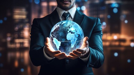 Poster - businessman holding a virtual globe of Earth holographically, symbolizing global business awareness and connectivity, the holographic projection adding a futuristic and tech-savvy element