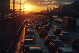 Fototapeta Miasta - Car traffic against the sunset background