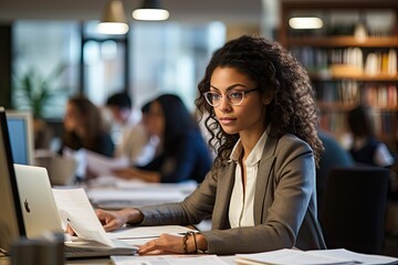 Poster - focused individual within a collaborative group project, surrounded by a bustling office environment with computers and papers, the person engrossed in their work