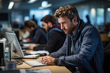 Poster - focused individual within a collaborative group project, surrounded by a bustling office environment with computers and papers, the person engrossed in their work