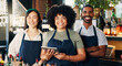 © peopleimages.com - Welcome, restaurant and portrait of team at bar with manager, waiter and waitress at startup with digital app. Bistro, service barman and diversity, happy small business owner at cafe with tablet.