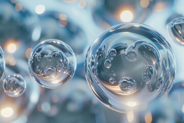 spherical shapes that have a smooth and reflective quality, water-like or gel-like substance, The arrangement of the spheres creates a pleasing and a three-dimensional effect