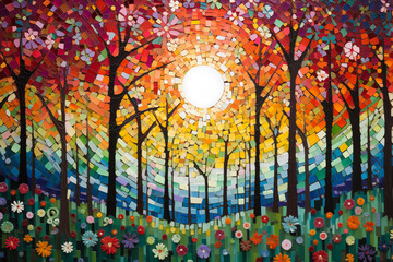 Wall Mural - A colorful mosaic illustration of beautiful forest with trees and flowers blooming under the sun in full bloom.