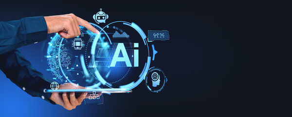Poster - Man hands with tablet and AI interface