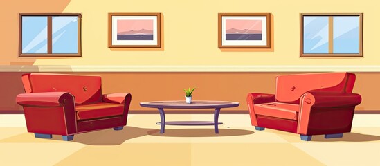 Poster - A cozy living room with two red chairs and a wooden coffee table. The interior design features a picture frame on the wall, all placed on a wood flooring rectangle