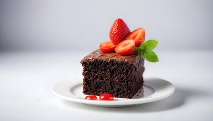 Wall Mural - Brownie chocolate cake served on white table