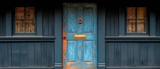 Wall Mural - a close up of a blue door with a yellow handle on the side of a blue building with two windows.