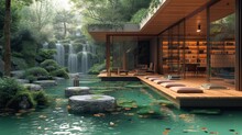 A Room With A Waterfall In The Background And A Bed In The Middle Of The Room On The Other Side Of The Room.