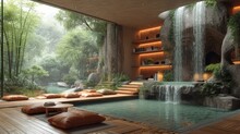 A Room That Has A Waterfall In The Middle Of It And A Lot Of Pillows On The Floor In Front Of It.