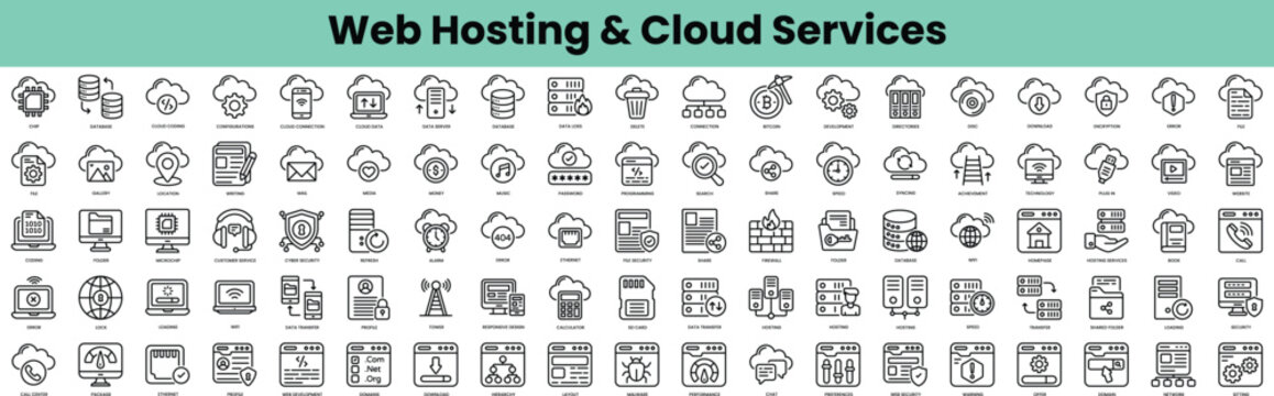 set of web hosting and cloud services icons. linear style icon bundle. vector illustration