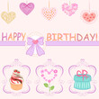 Vector birthday card with cute handmade hearts, a ribbon with a bow, over which the inscription happy birthday, with objects in ornate frames - a gift box, a cake, a flower in the form of a heart 