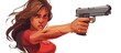 Female holding firearm, pointing directly towards the camera in a threatening manner
