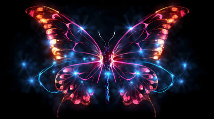 Wall Mural - Butterfly Insect Plexus Neon Black Background Digital Desktop Wallpaper HD 4k Network Light Glowing Laser Motion Bright Abstract