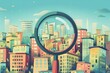 Magnifying glass focusing on residential building, searching for new home to purchase or rent, real estate market concept illustration