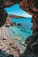 Wall Mural - a cave with a beach and a rock formation with a beach in the background