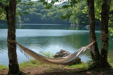 Hammock Hanging Between Two Trees by Lake