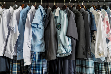 A composition of different school uniforms, including shirts, skirts, and blazers, neatly arranged on hangers, ready for the new term.
