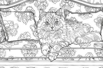 Wall Mural - Cute cat on the couch coloring page for children. Black and white picture. AI Generated 