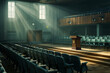 © mominita - A realistic depiction of a school auditorium with empty seats, a stage set for an assembly, and a podium with a microphone, under dim, atmospheric lighting.