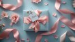 A tastefully wrapped Mother's Day present adorned with a satin ribbon and a tag for mom, surrounded by delicate flowers and petals