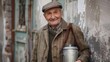 Smiling elderly man with milk can in urban setting. Street lifestyle portrait. Urban farming concept for design and print