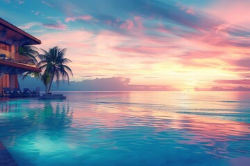 Canvas Print - Luxurious White Beach Resort at Sunset, Tranquil Ocean View with Infinity Pool, Digital Painting