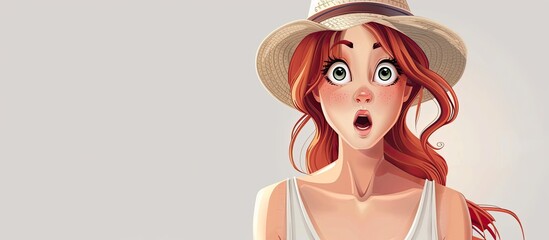 Sticker - The cartoon girl with red hair is wearing a fedora hat and a white tank top. She has long eyelashes and is making a playful gesture. The sun hat adds a fun touch to her artsy look