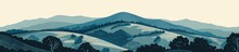 Creative Minimalist Hand Painted Illustrations Of Mid Century Modern. Natural Abstract Landscape Background. Mountain, Forest, Sea, Sky, Sun And River. AI Generated Illustration