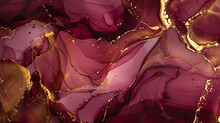 An Abstract Fluid Art Background Featuring The Alcohol Ink Technique In Rich Burgundy And Gold. 