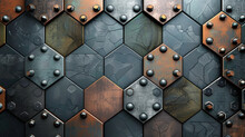 An Industrial Digital Hexagon Background, With Metallic Hexagons In Varying Shades Of Steel, Bronze, And Copper, Interspersed With Rivets And Bolts.