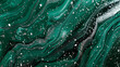 A vivid, liquid abstract marble painting background with a deep emerald green base and sparkling silver glitter splatter texture