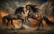 two horses illustration facing each other in dust and smoke